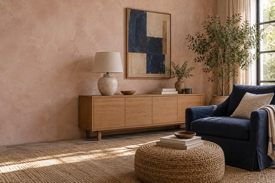 A living room corner: a limewashed pink plaster wall, an oak sideboard with a ceramic lamp, an indigo linen armchair and a woven rug.