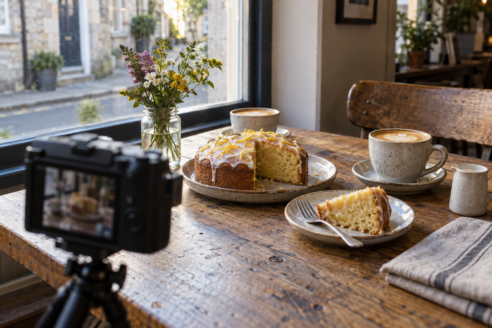 A cafe table of cake and coffee being photographed for social posts.
