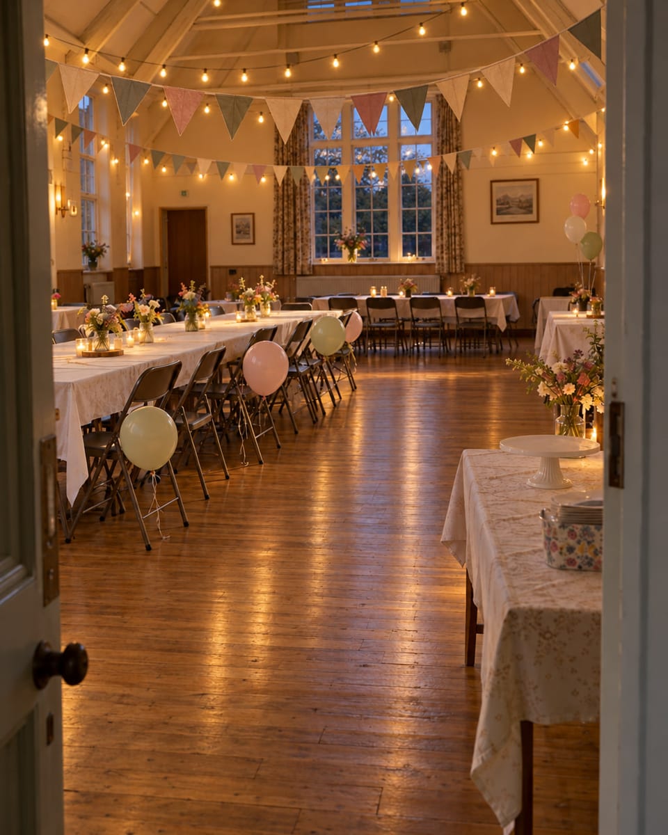 The same hall at dusk with the festoon lights on.