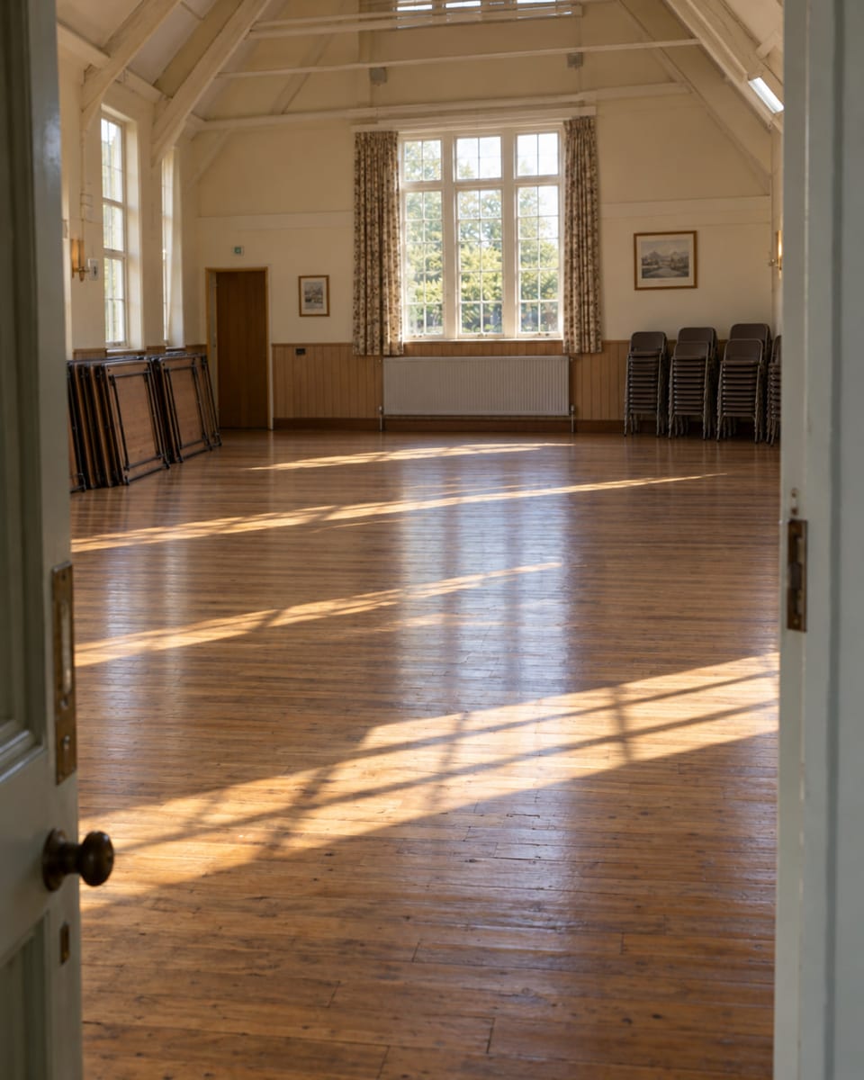 The village hall as it is booked: tables folded against the wall, chairs stacked, the floor bare in the afternoon sun.