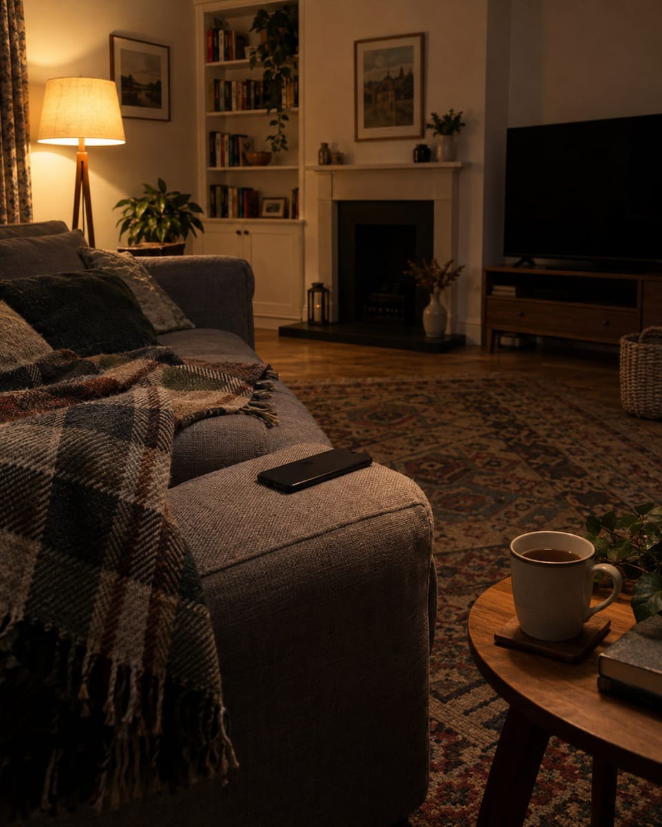 A sofa at twenty to ten: a phone face down on the arm, a mug of tea, nobody there.