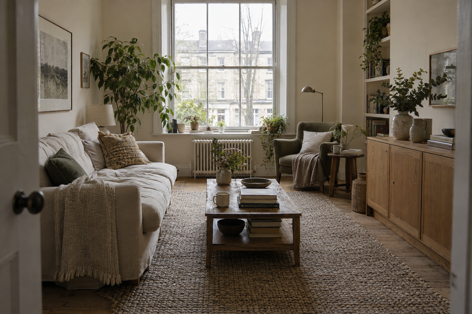 A lived-in living room with a linen sofa, a wool rug and an oak sideboard.