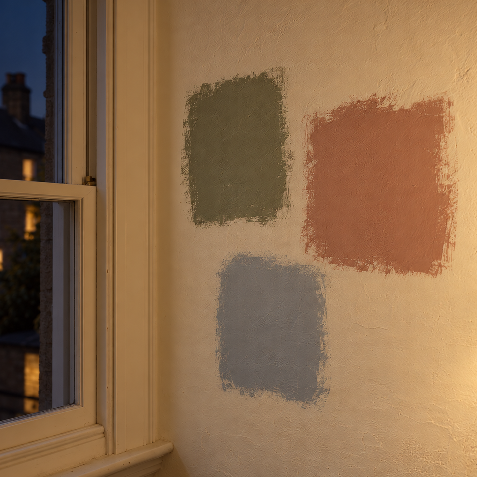 The same wall and patches in evening lamplight.