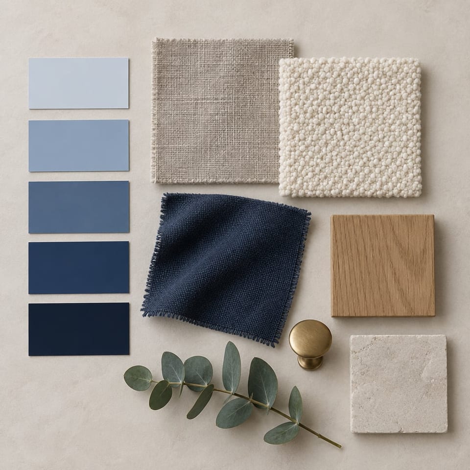 A sample board from above: five paint cards from palest to deepest indigo, linen, boucle and indigo cotton swatches, a square of oak, a brass knob, a stone tile and a sprig of eucalyptus.