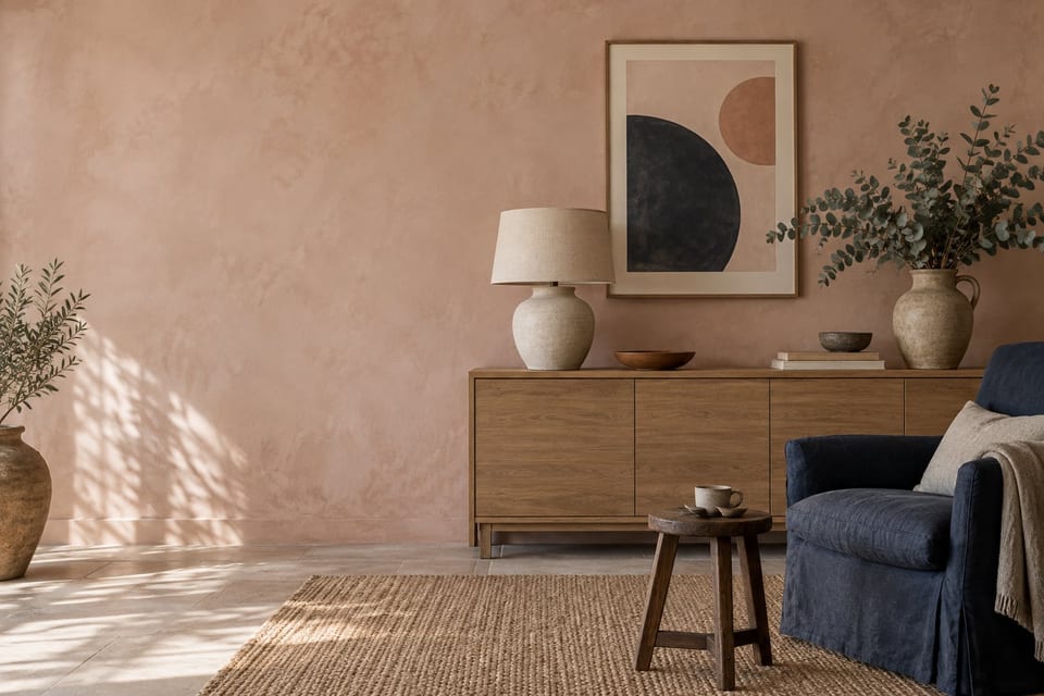 A living room corner: pink limewash wall, oak sideboard, an indigo linen armchair, a stone lamp and a jug of eucalyptus.