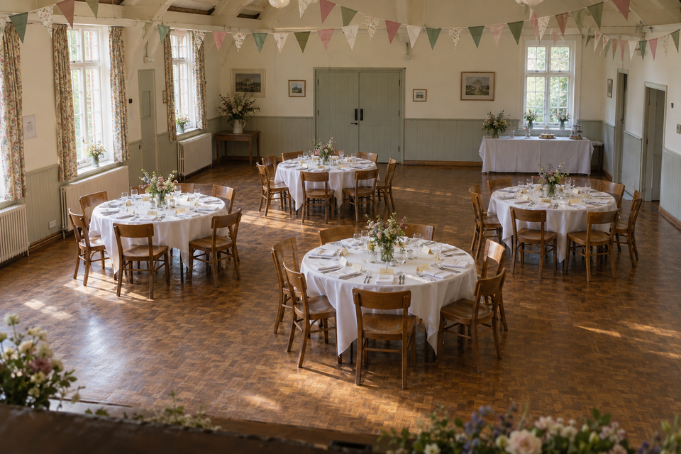 An empty village hall set for a party the minute before guests arrive: round tables laid with folded napkins and place cards.