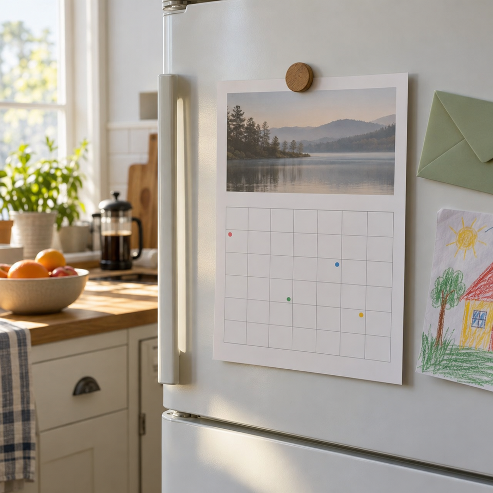 A kitchen fridge door with a single tidy wall calendar held by one magnet and a card tucked beside it, in morning light.