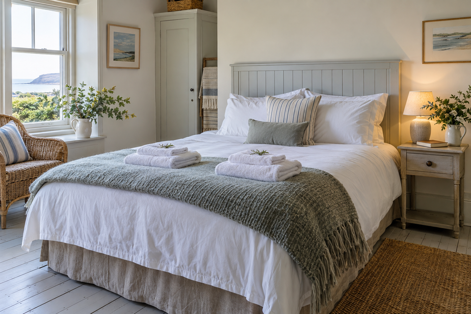 A holiday-let bedroom made up with crisp white linen, folded towels at the foot of the bed and a closed book on the bedside table.