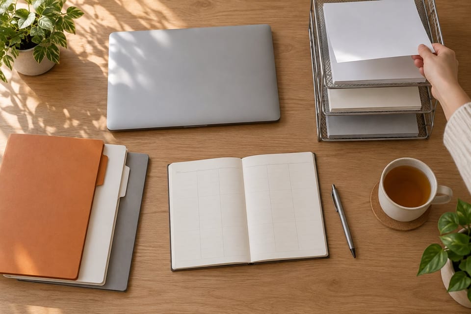 A tidy oak desk from above: a closed laptop, an open week planner, orange and grey folders, a wire tray of sorted papers being filled by a hand, and a cup of tea.