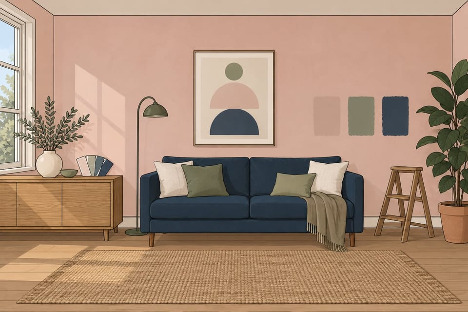 A drawing of a styled living room: an indigo sofa with linen and sage cushions, an oak sideboard with paint cards, a floor lamp, a framed print, a tall plant and three paint sample patches on a plaster pink wall. By evening the lamp is lit.
