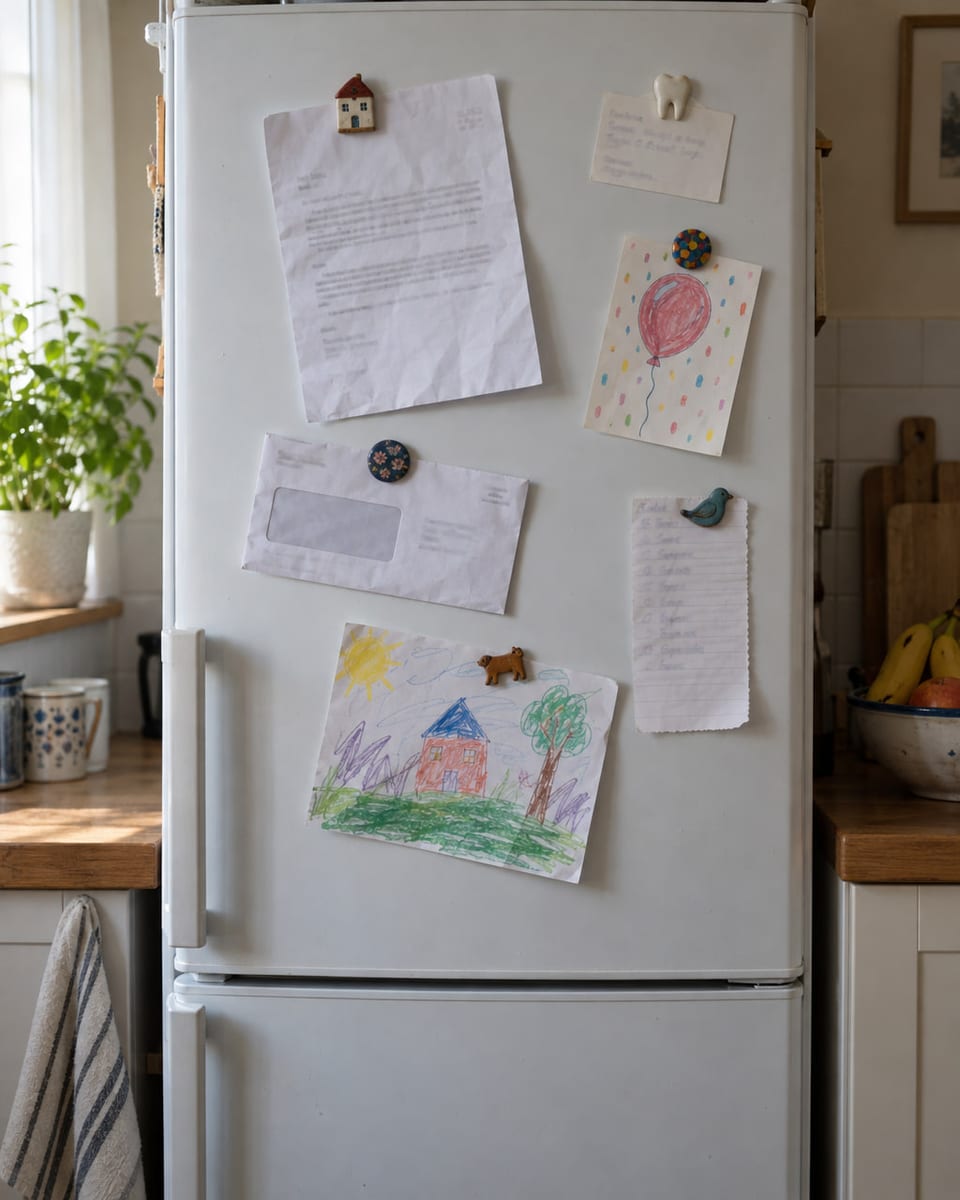 A family fridge door covered in letters, appointment cards and an invitation held by magnets.