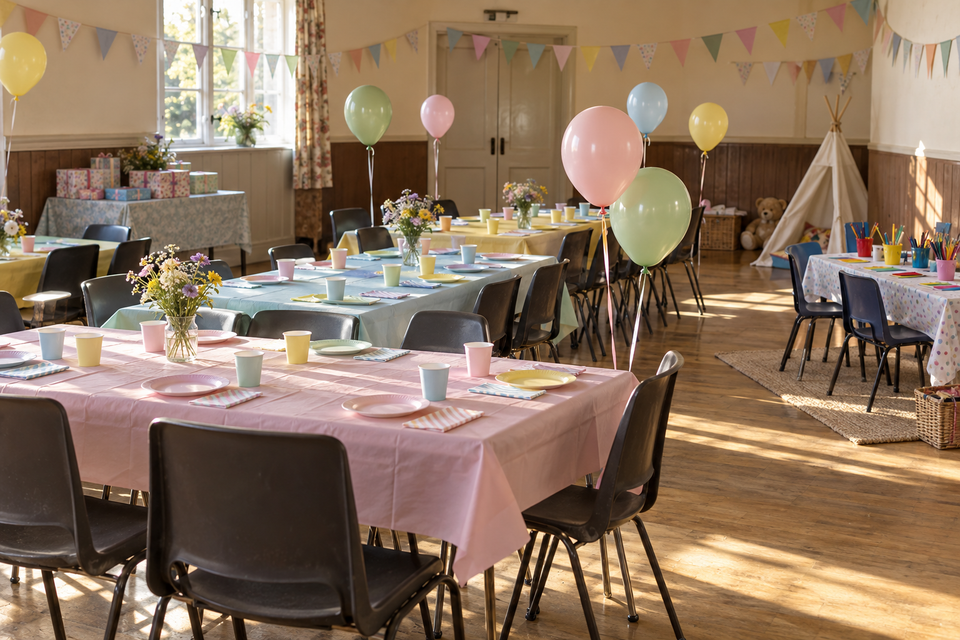 A village hall set for a children's party: low tables, paper cups and bunting, no children present.