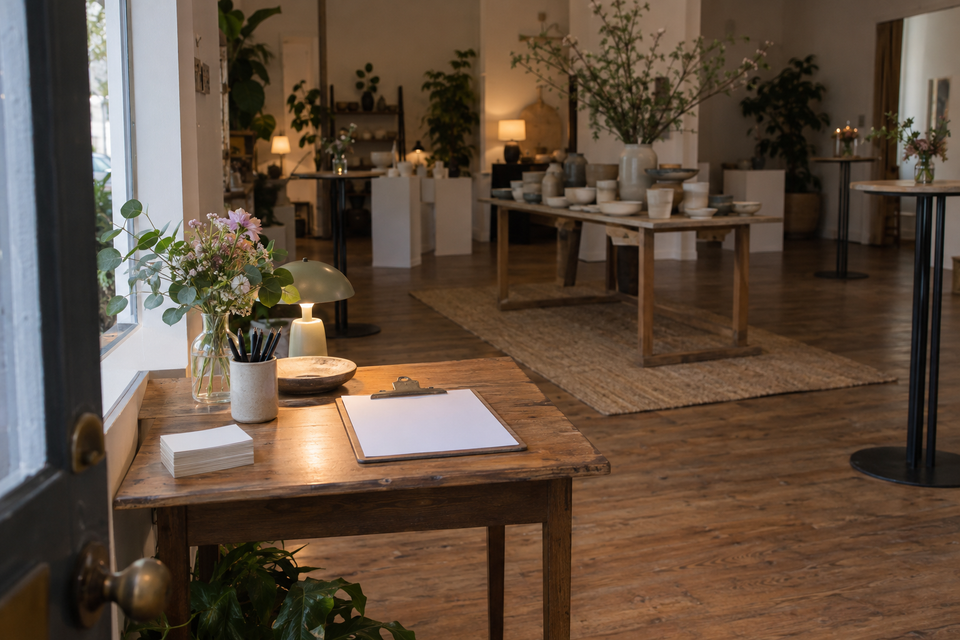 A welcome table by the door of a small shop's launch evening, with blank name cards and a clipboard.