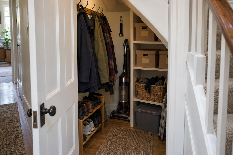 The cupboard under the stairs, open and organised, coats on hooks and boxes on shelves.