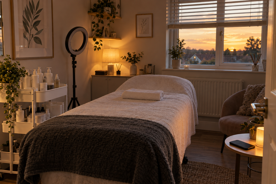 A beautician's treatment room at the end of the day, the couch made and the phone face down.