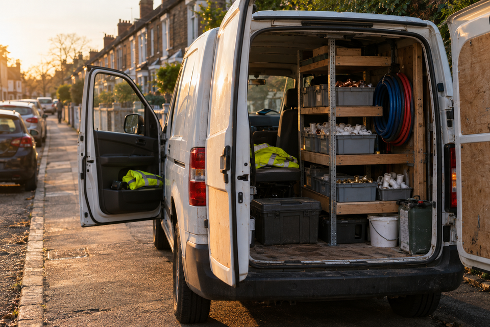 A plumber's van parked on a terraced street at the end of the day, the back open on tidy shelves and the phone face down on the dashboard.