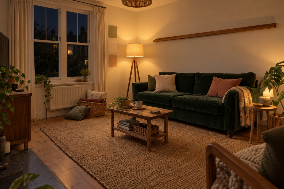 The same living room by lamp light.