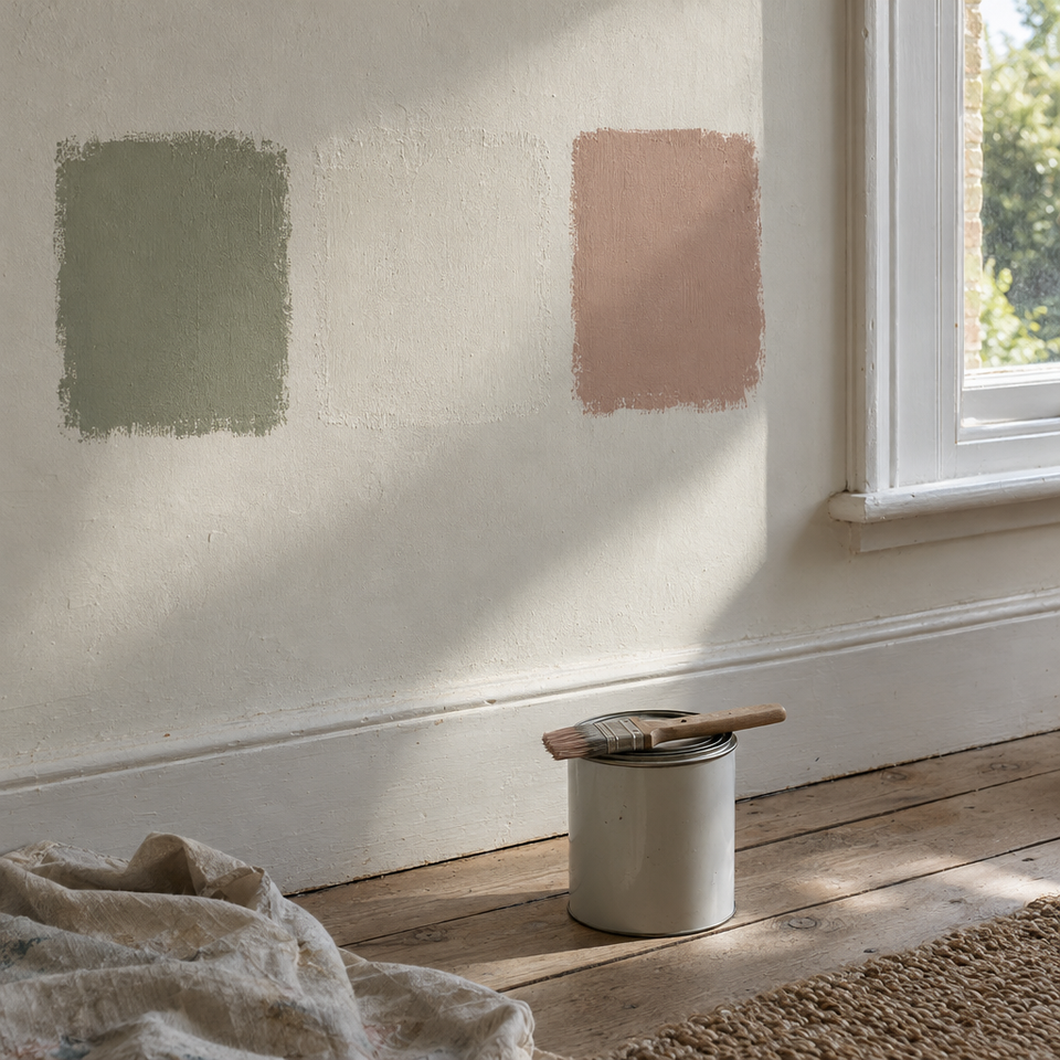 Three paint samples on a wall beside a window, in morning light.