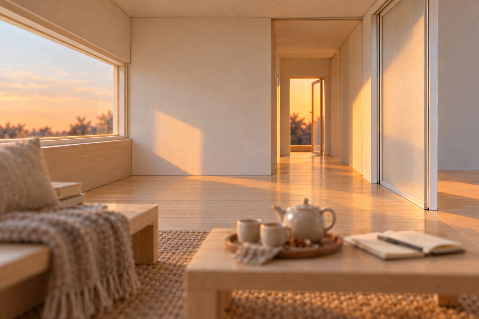 Inside the quiet room, past the tea tray and the open notebook on the low table: a frosted sliding panel slid open on to the hall, and at the hall's far end the front door open on to warm light.