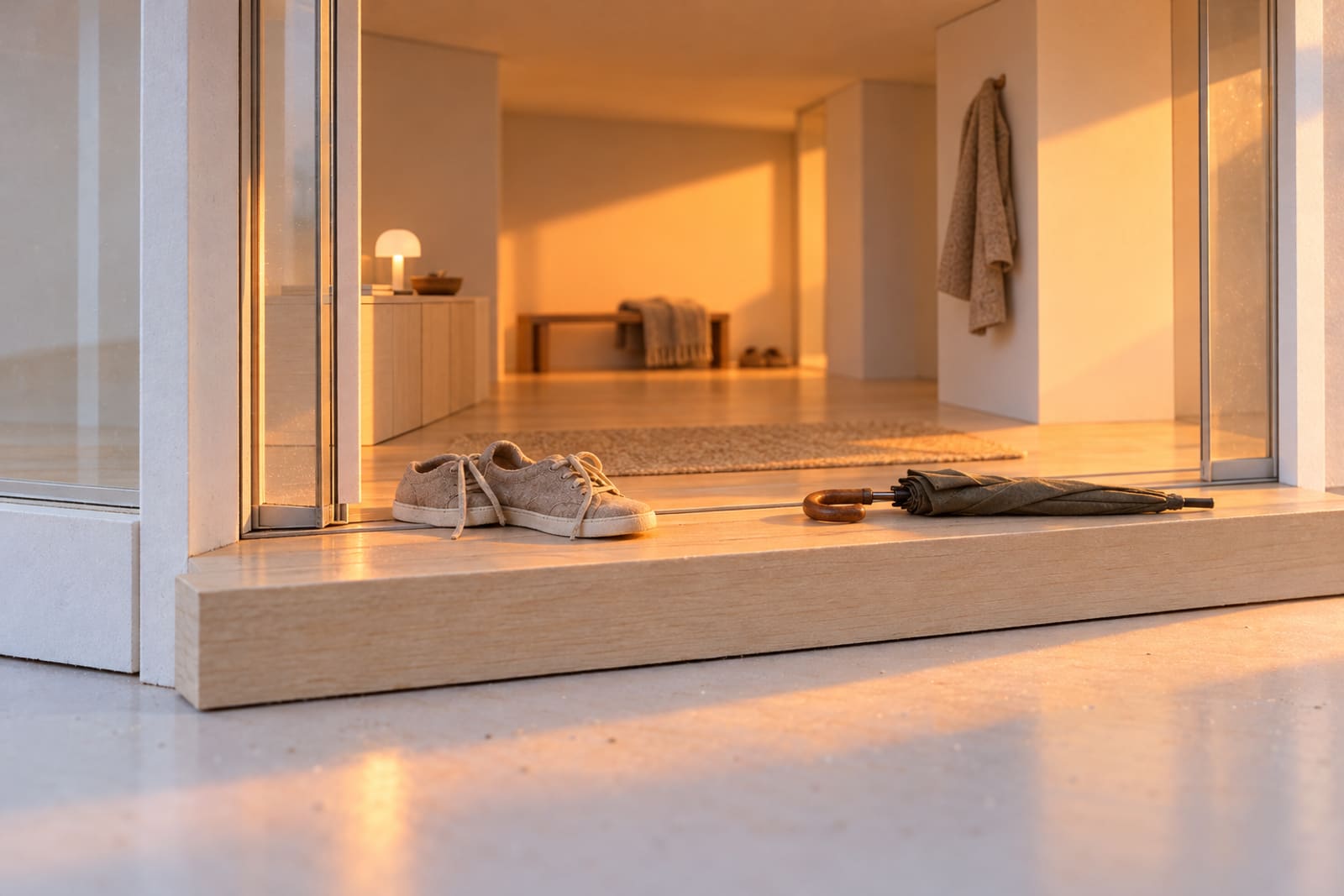 Close on the house's open glass front door: a pair of shoes and a folded umbrella on the timber step, a coat on a hook and a small lamp lit inside, warm light spilling out.