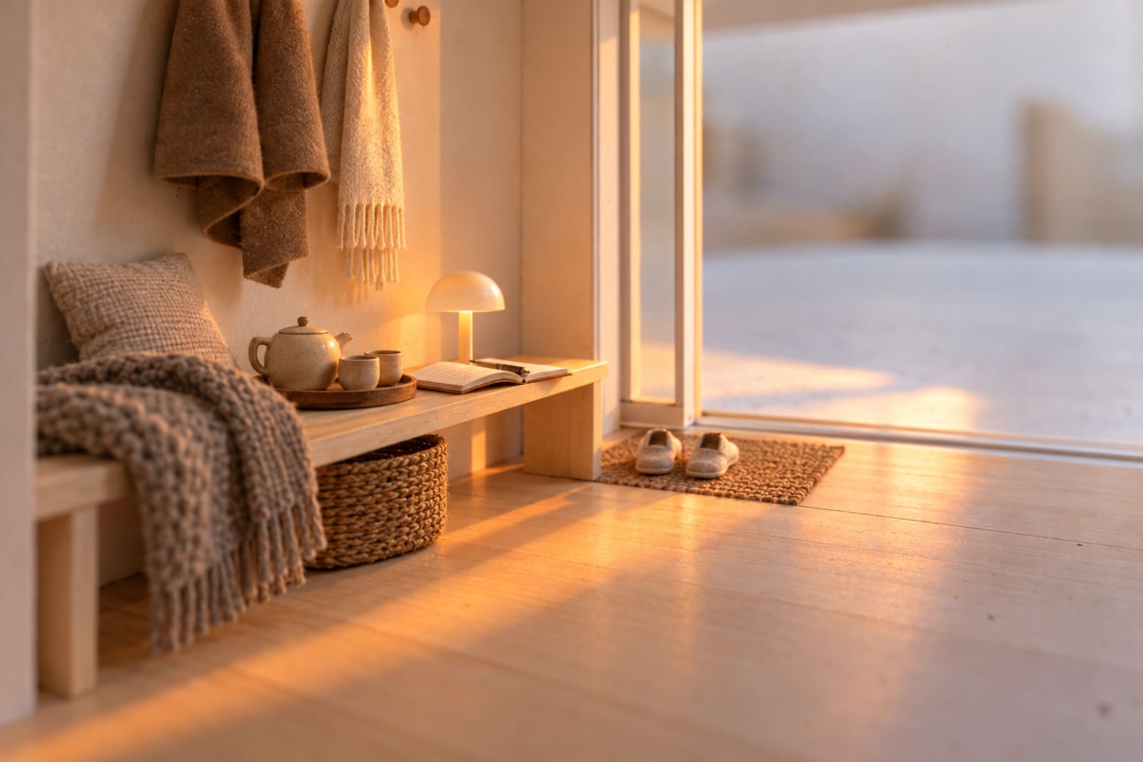 Inside the card model's hall, close along the low bench: a tray with a teapot and two cups beside an open notebook, a small lamp lit, a knitted blanket and a cushion, a coat and a scarf on the hooks, slippers on the mat and the glass door slid wide open on to the table beyond.