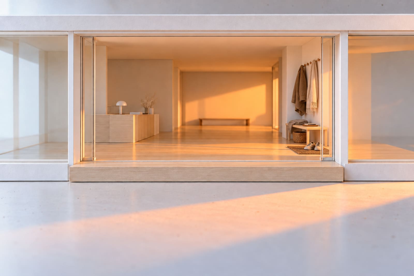 The hall of the card model just inside its open glass door: a coat and a scarf on the hooks, a bench with a folded blanket and a basket, shoes on the mat and warm light across the floor.
