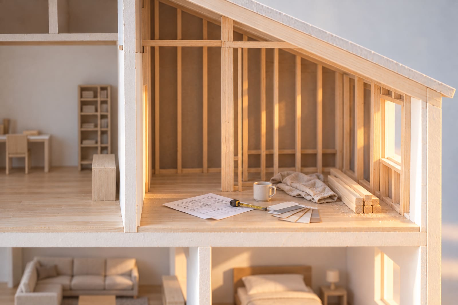 Close on the house's card model: the upstairs room in bare timber framing, a plan on its floor held by a tape measure, paint cards, a mug and a folded dust sheet, beside finished rooms.