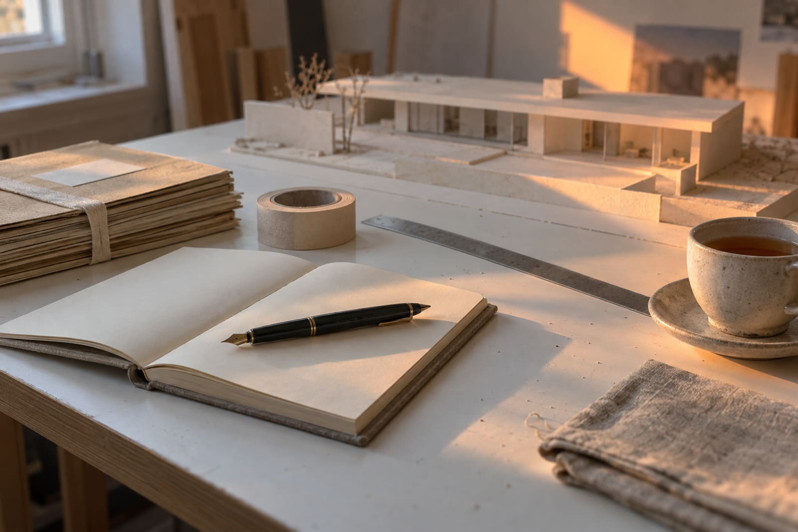 Tools of the trade laid on a white worktable beside a card model: an open planner and a fountain pen, folders tied with tape, a steel rule and a cup of tea.