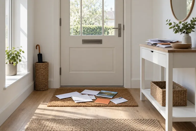 Illustrative image: post spilled across a doormat inside a front door, more paper on the hall table.