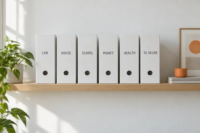 Illustrative image: six named box files in a row on a shelf.