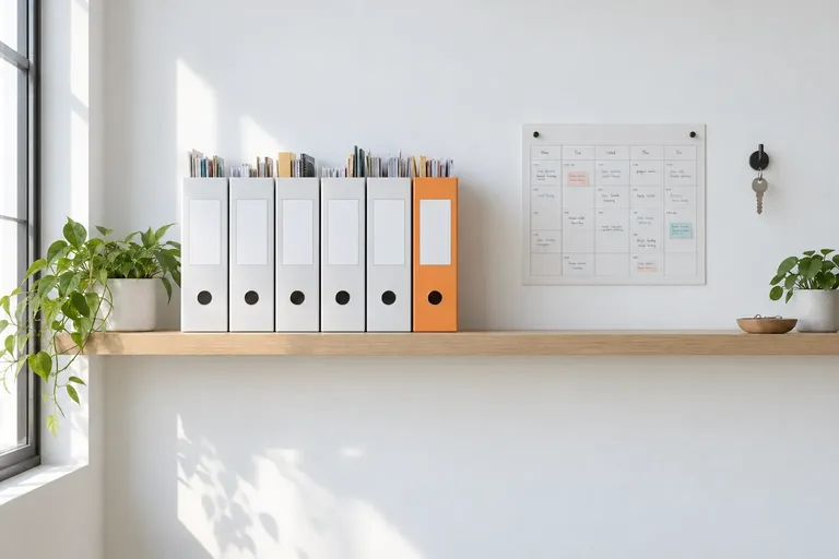 Illustrative image: the same shelf in use, files full, the week planner filled in, letters in a tray.