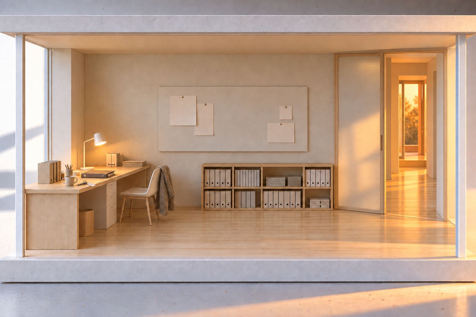The studio once it is set up, its frosted sliding panel slid open on to the hall, and at the hall's far end the house's front door open on to warm light.