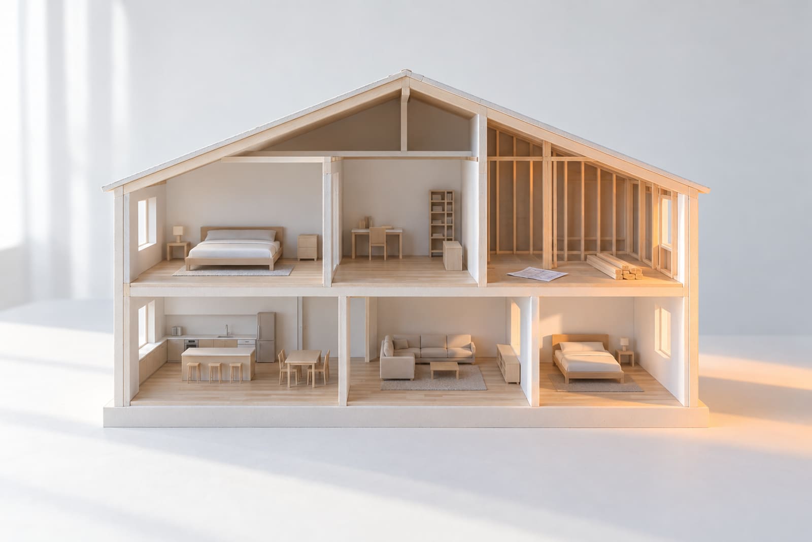 A white card section model of a family house: every room finished and calm, one upstairs room shown as bare timber framing, its project in hand.