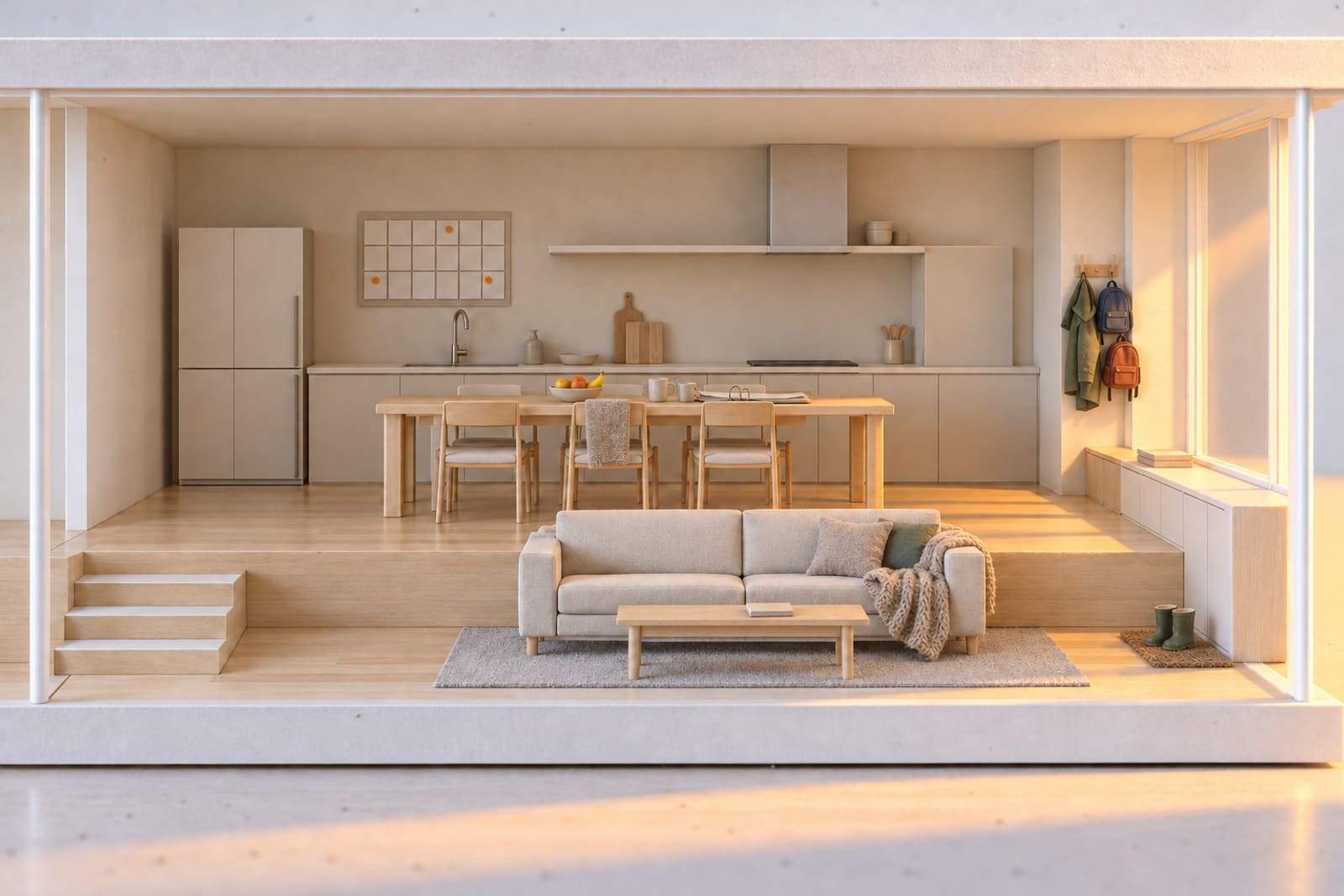 The family kitchen of the card model lived in: a calendar board of blank squares with a few orange dots, mugs and a binder on the table, school bags and a raincoat by the door.