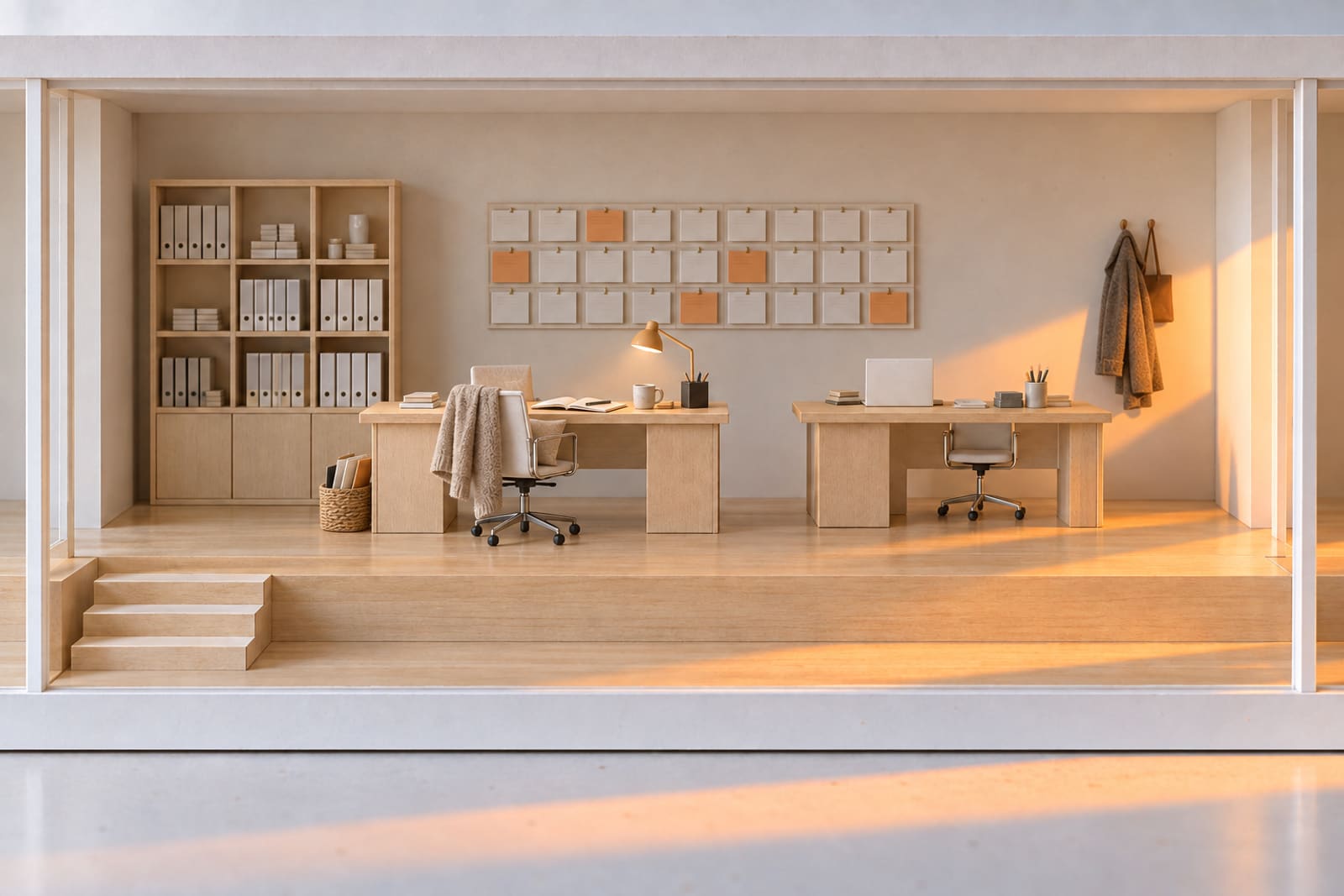 The office room of the card model in use: an open diary and a mug on the desk, a cardigan over a chair, a coat on a hook and the desk lamp lit.