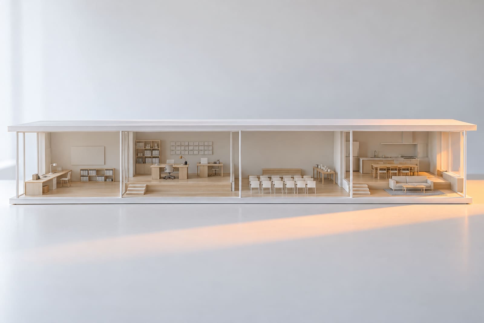 Step three: the finished house seen straight on, all four rooms side by side, drawn up on a sheet with its title block.