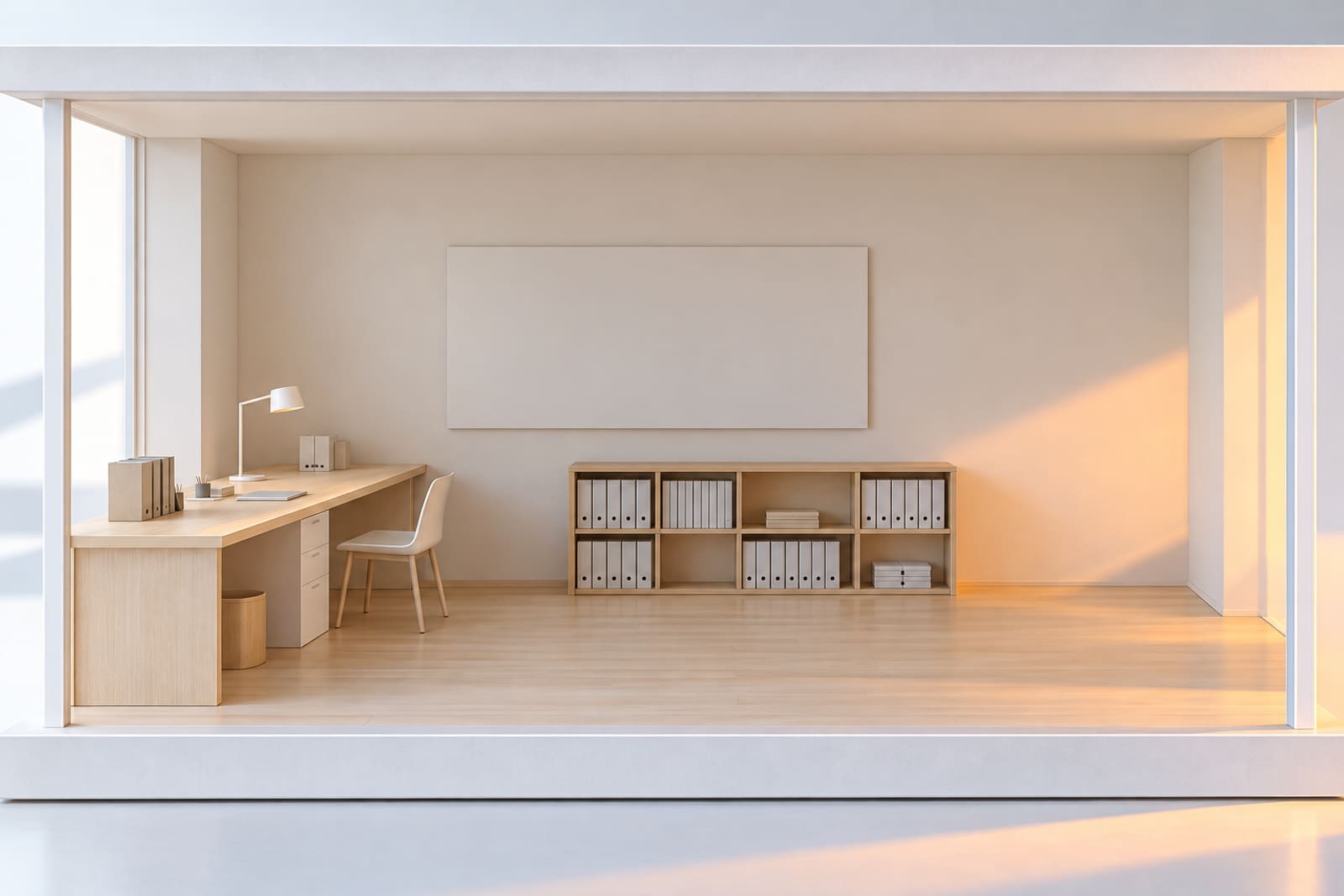 The first room of the house's card model, straight on: a studio being set up for a new business, a long desk with a lamp, a low shelf of folders and a blank wall board.