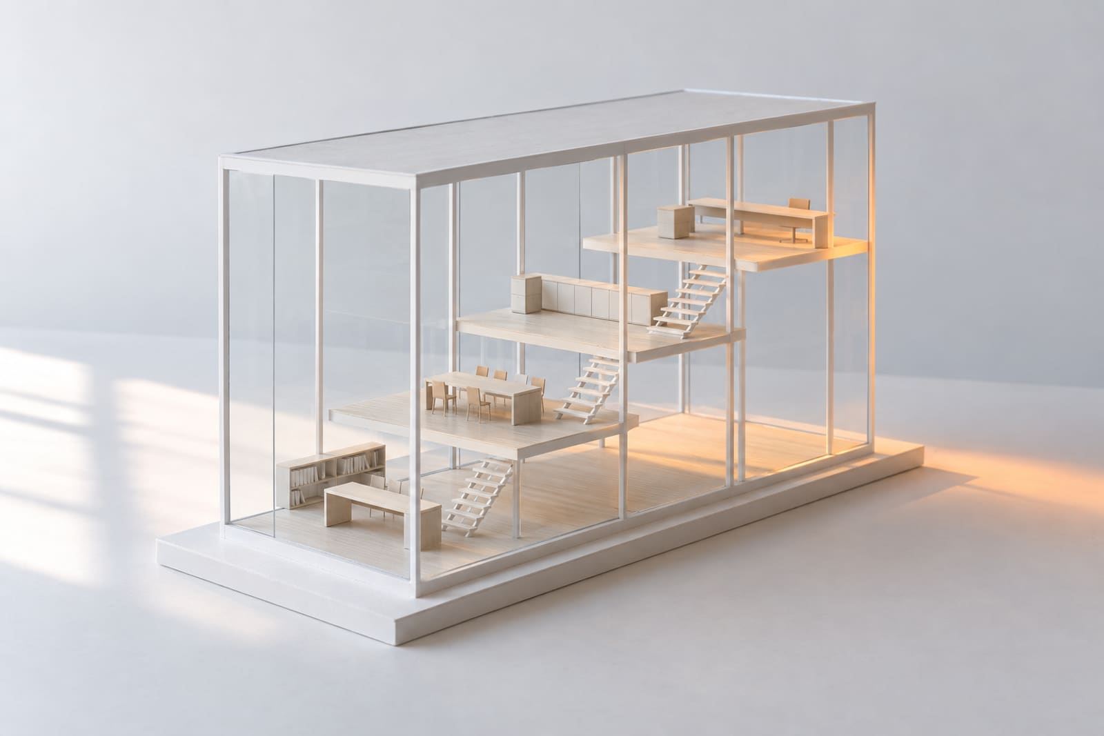 A white card model of a small open building with four floors at different levels and no walls: one view of a business once it is set up.