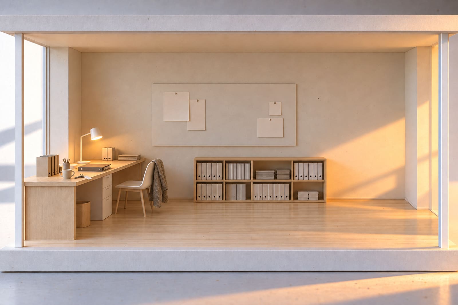 The studio room of the card model once it is set up and handed over: a ring of keys with a blank tag on the desk, a closed binder, folders in order on the shelf and the lamp lit.