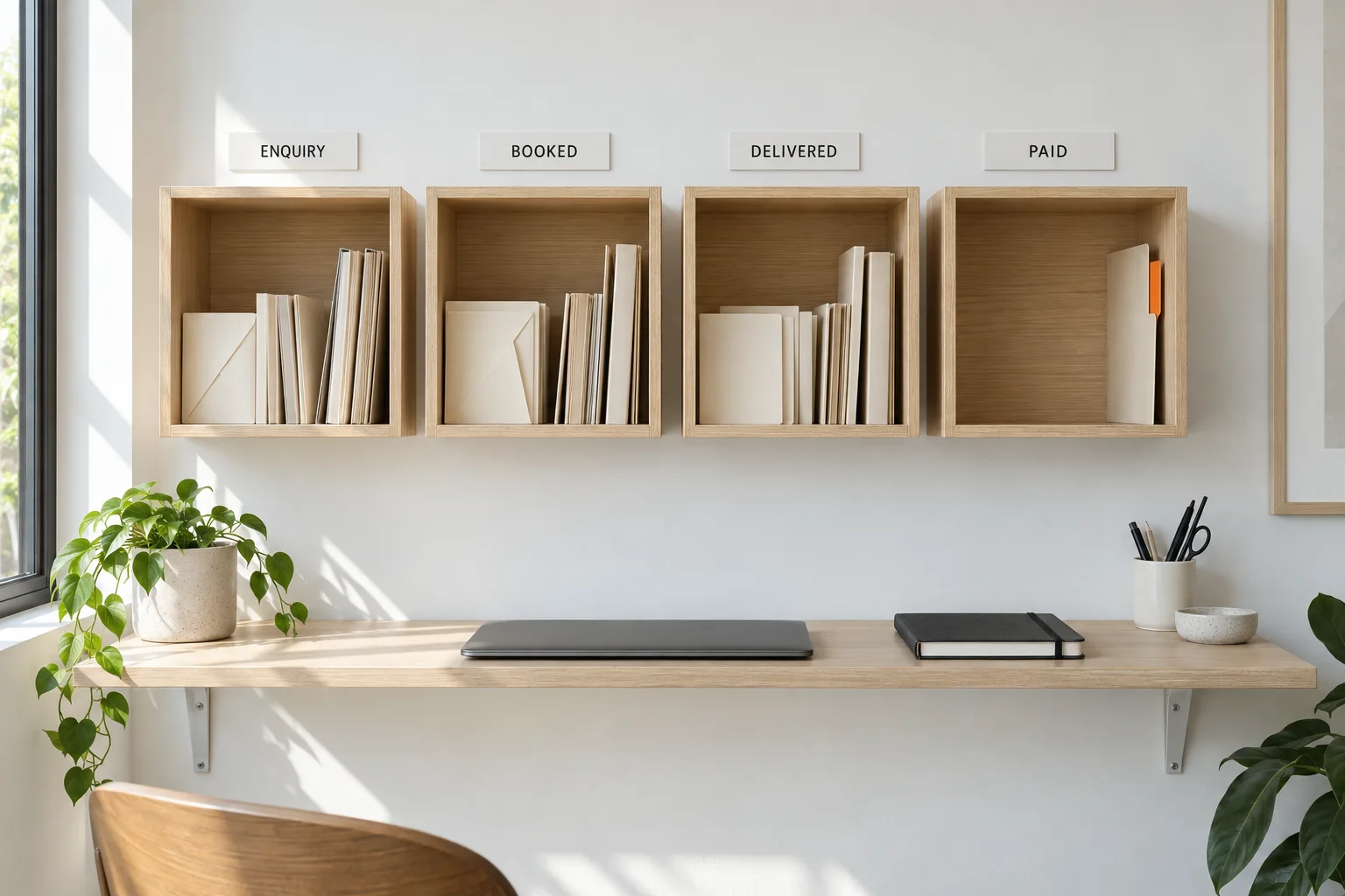 Four pale oak pigeonholes on a white wall, labelled Enquiry, Booked, Delivered and Paid, with folders in each and a closed laptop on the shelf below.
