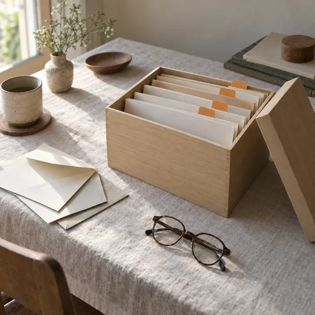 A wooden box of house papers, folders standing in order with small orange tabs.