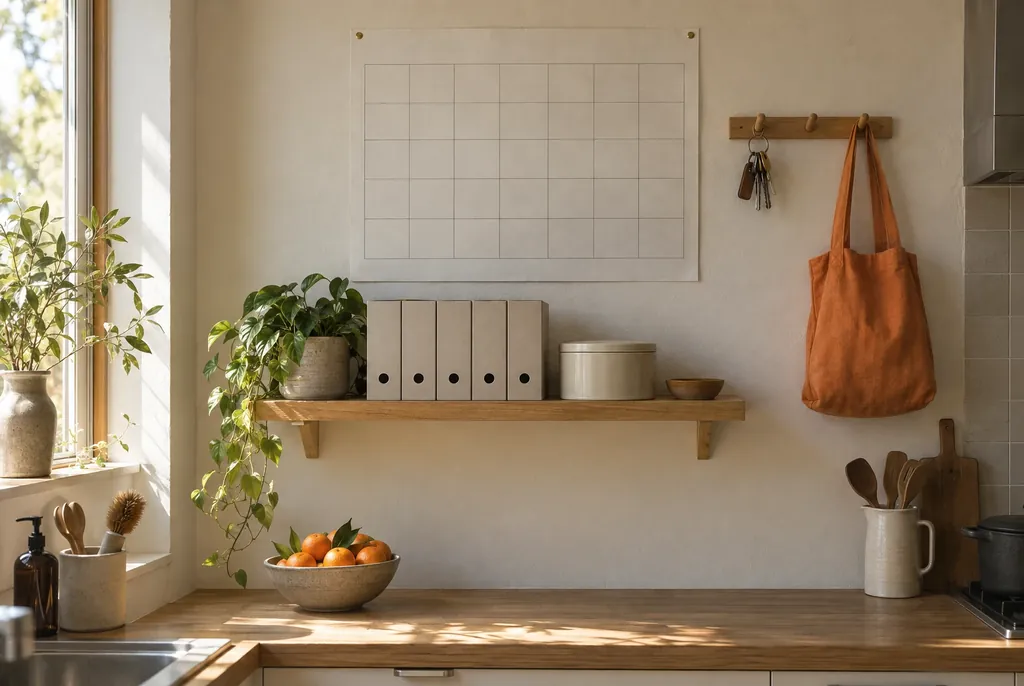 A kitchen wall in morning light: a blank planner pinned square, box files on a shelf, keys and an orange bag on hooks, satsumas on the counter.