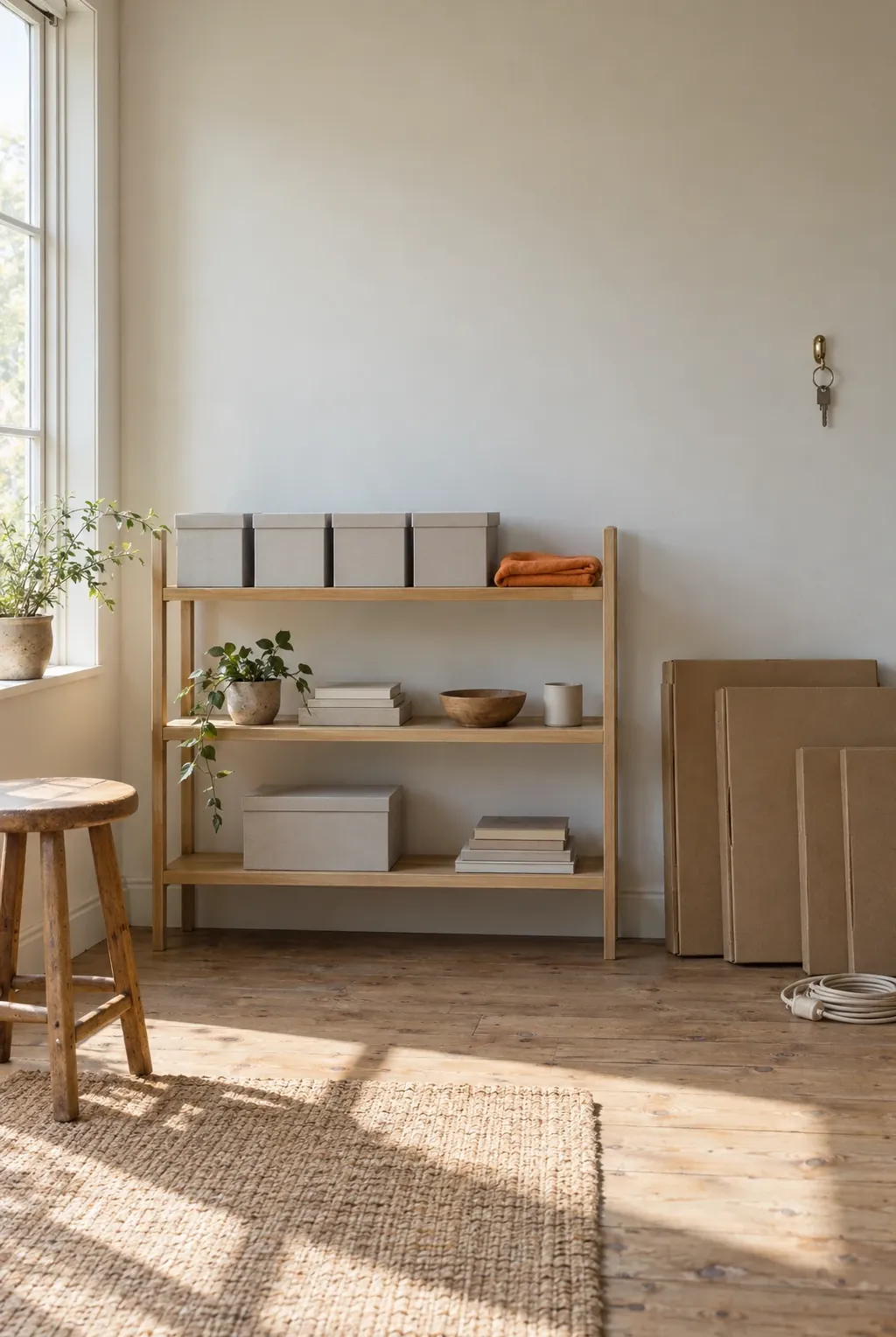 A small bright room on its first morning: new lidded boxes on an oak shelf, a key on a hook, flat boxes against the wall.