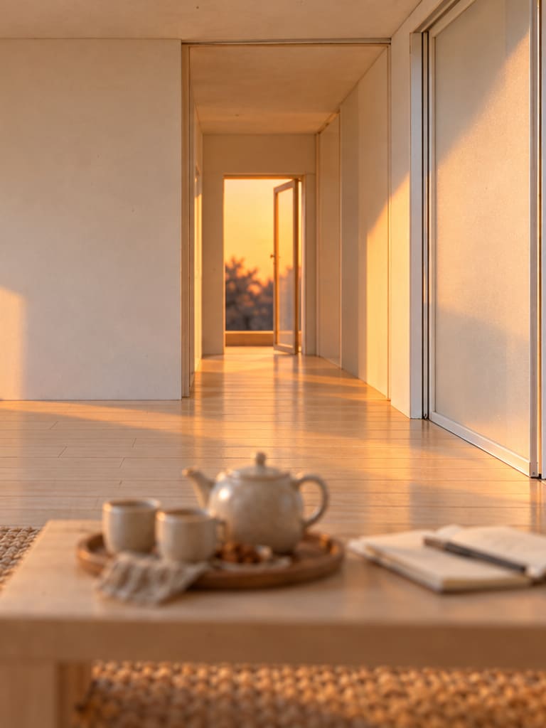 Inside the quiet room, past the tea tray and the open notebook on the low table: a frosted sliding panel slid open on to the hall, and at the hall's far end the front door open on to warm light.