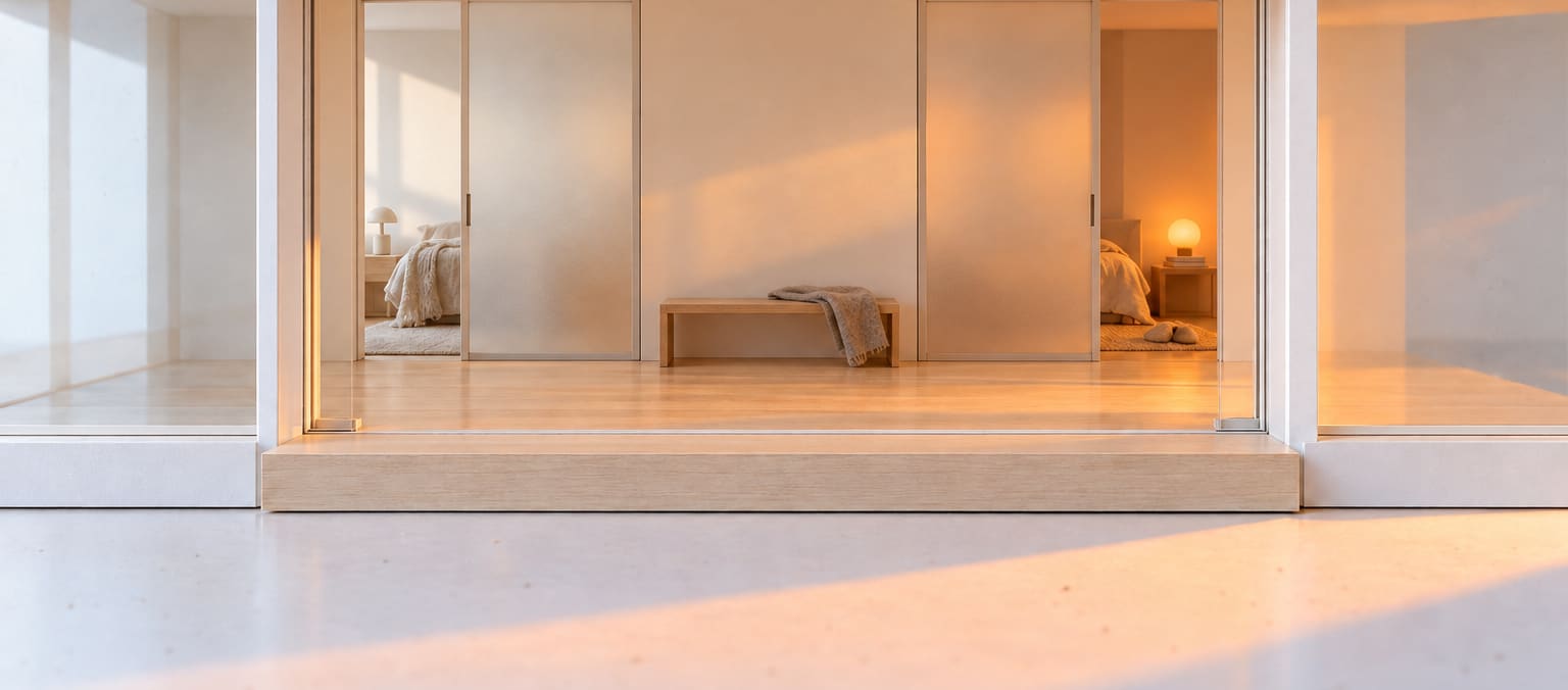 Two frosted sliding doors side by side in the hall of a card model, the same size, each slid open on to a quiet room.