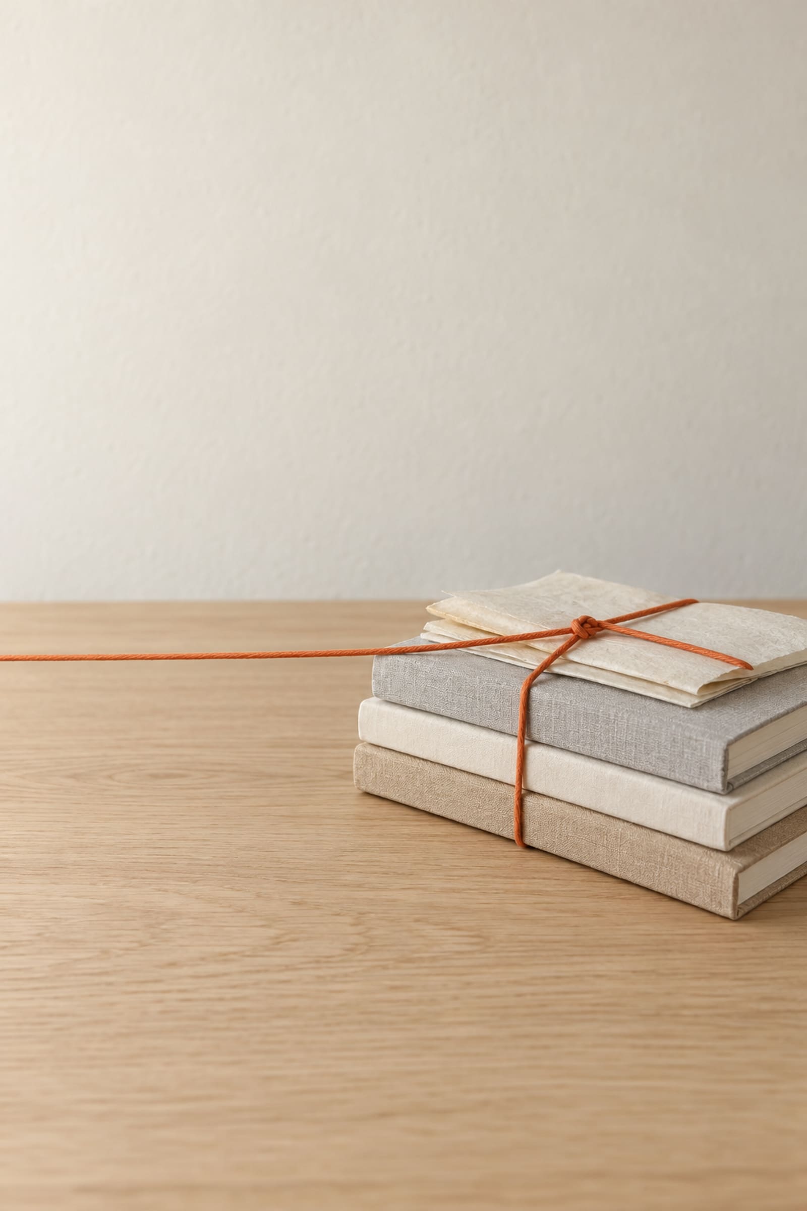A small stack of blank notebooks and folded pale paper on an oak table, tied with an orange paper cord that runs in from the left.