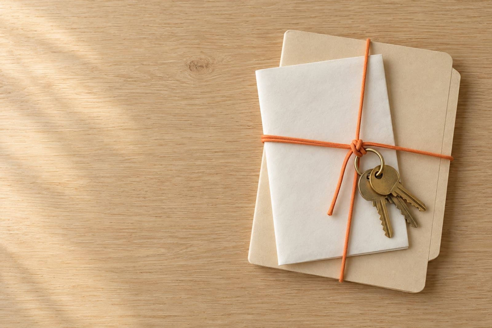 A ring of house keys, a folded plain sheet and a pale paper folder, tied with an orange paper cord, on oak.