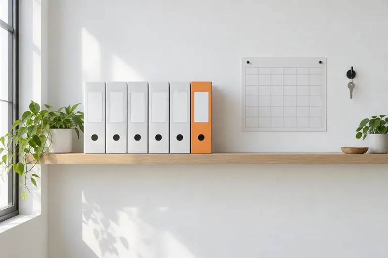Illustrative image: the same shelf finished, matching box files in a row, one key on its hook.
