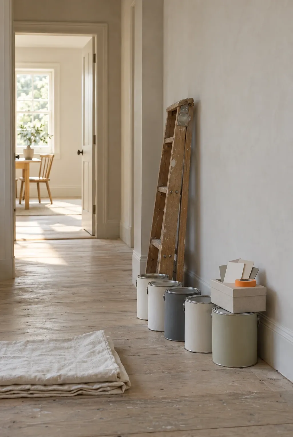 A hallway mid renovation, kept calm: paint tins in a row, a dust sheet folded square, a ladder against the wall.
