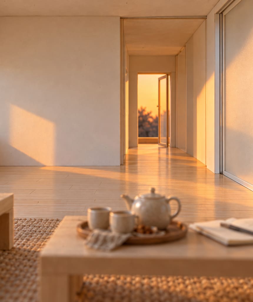 Inside a quiet room of the same card model: a tea tray and an open notebook on the low table, and a frosted sliding panel slid open on to the hall.
